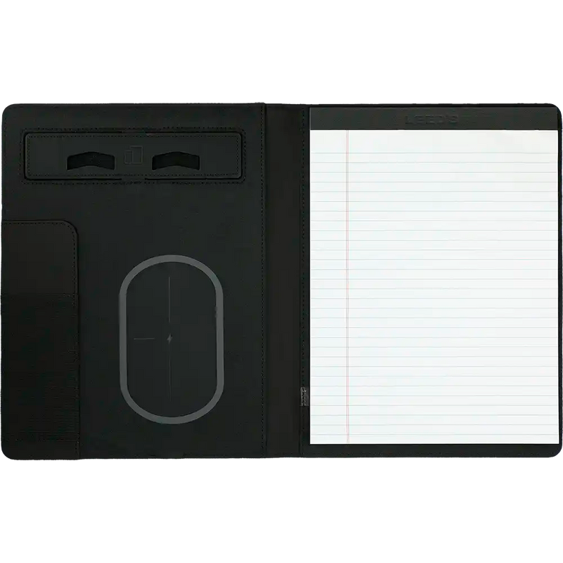 Black notebook with a blank page on a white background