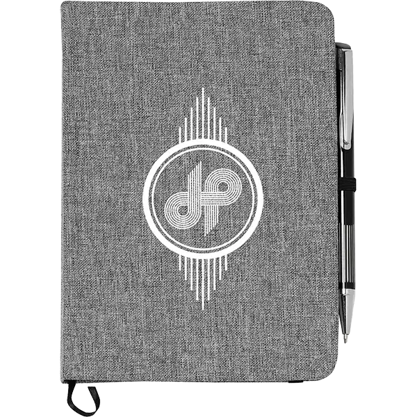 Gray textured notebook with a pen holder and white logo on a white background