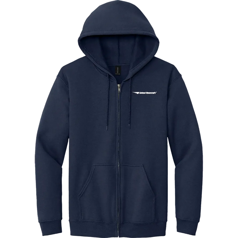 Gildan Heavy Blend Full-Zip Hooded Sweatshirt in Navy with front zipper and pouch pockets for custom branded apparel
