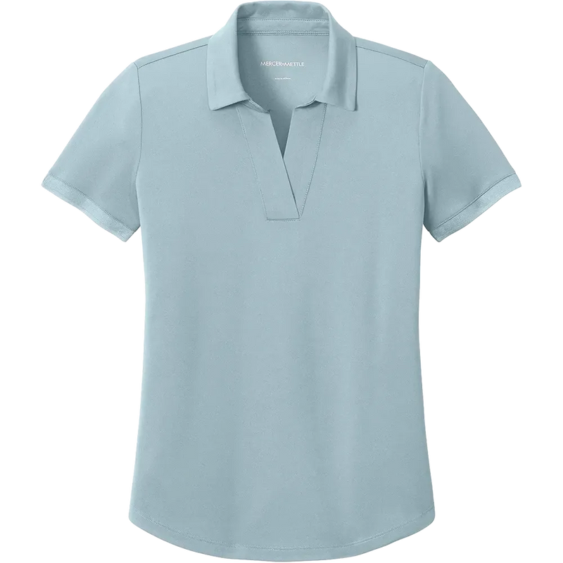Mercer Mettle Women's Everyday Performance Polo in Celestial Blue featuring moisture-wicking performance fabric, short sleeves, an open Y-neck collar, and a feminine tailored fit