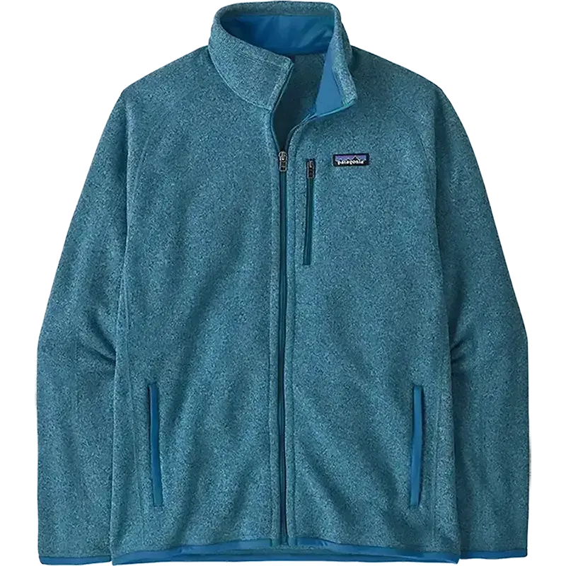 Blue fleece jacket with Patagonia logo on a white background