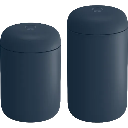 Two matte dark blue cylindrical containers with matching lids, shown on a plain white background.