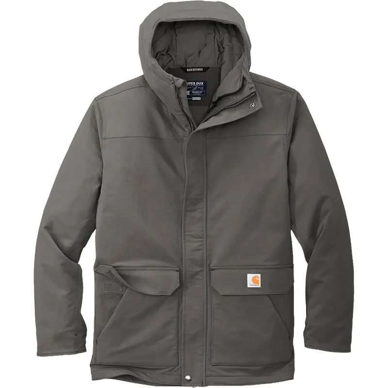 Carhartt Super Dux Insulated Hooded Coat in Gravel featuring a full-zip front, attached hood, flap pockets, and durable insulated construction for custom branded apparel
