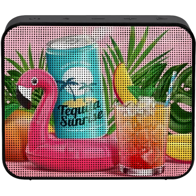 Portable speaker with flamingo and pineapple design on a pink background