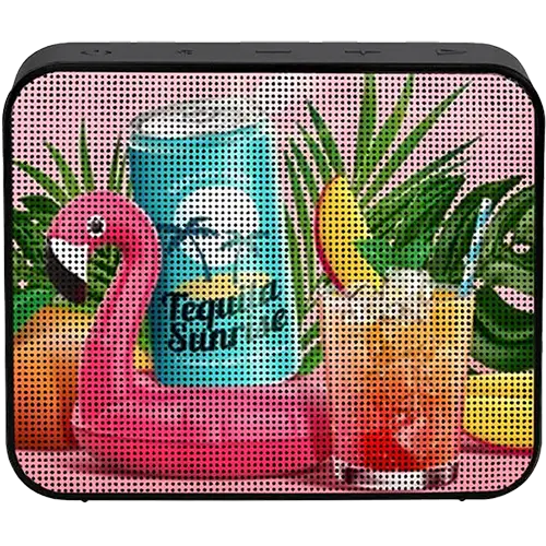 Portable speaker with flamingo and pineapple design on a pink background