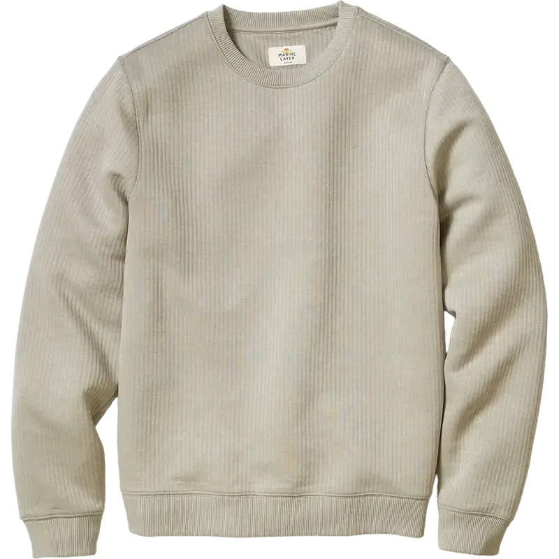 Marine Layer Corbet Quilted Crewneck Sweatshirt in Taupe featuring soft quilted texture, ribbed cuffs and hem, and a classic crewneck for everyday comfort