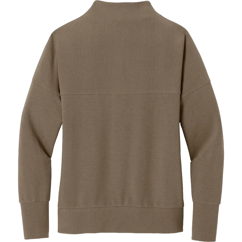A taupe brown mock neck sweater shown from the back, featuring a ribbed collar, cuffs, and hem, with a horizontal seam across the upper back.