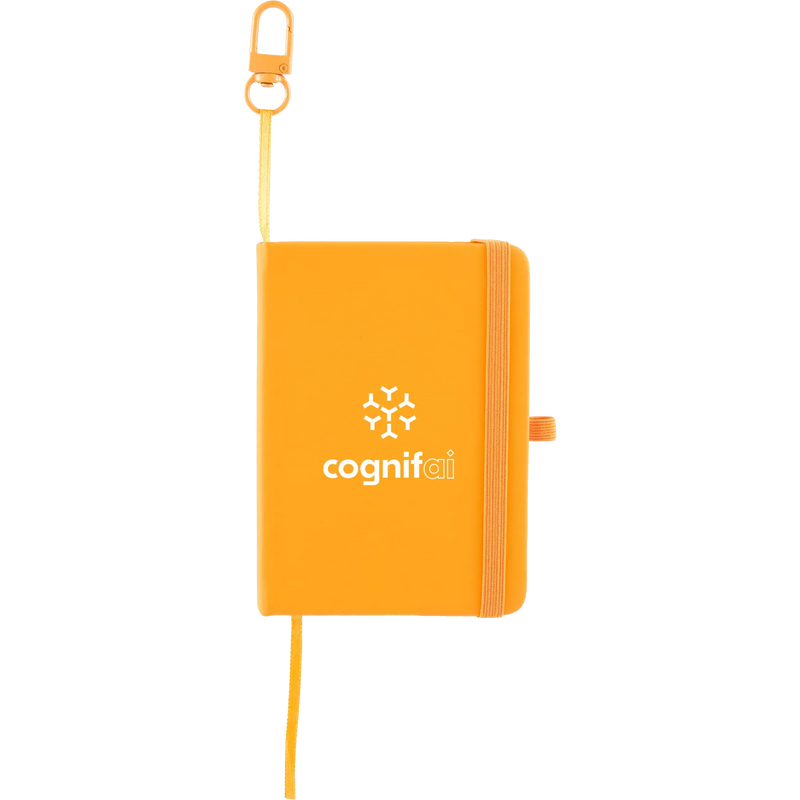 An orange hardcover notebook with an elastic closure, a matching orange lanyard strap with a metal clip, and a white printed 'cognifai' logo on the front, shown against a plain white background.