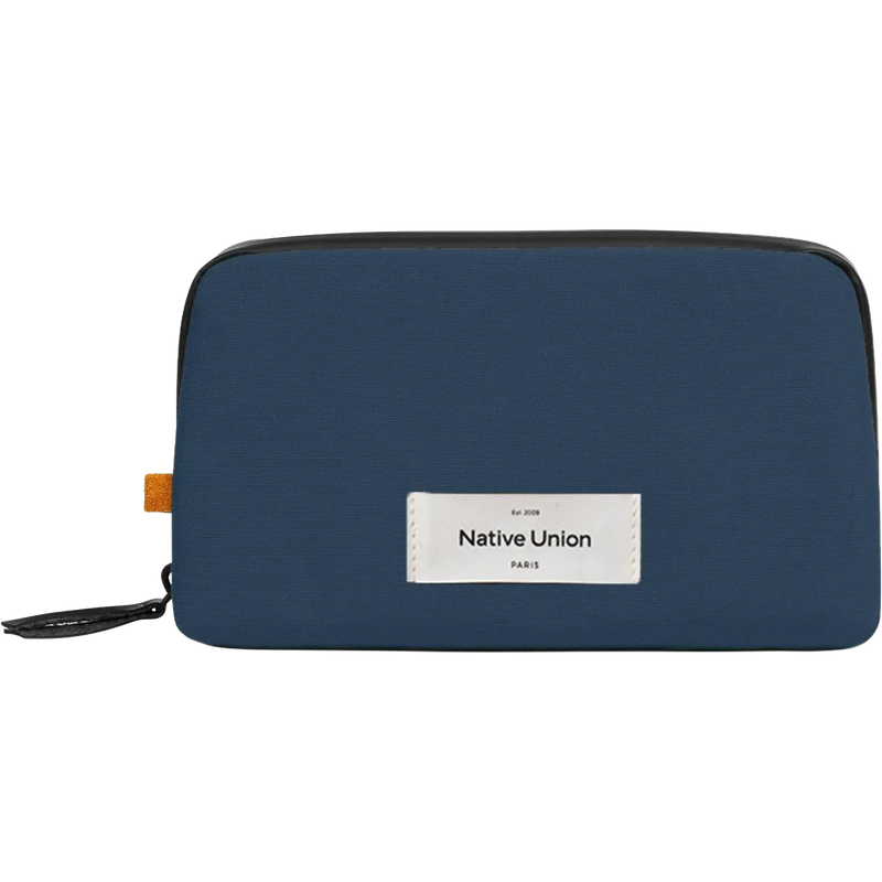 A navy blue zippered pouch with a white rectangular label reading 'Native Union PARIS' on the front, photographed on a clean white background.