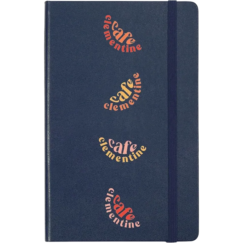Navy Blue Moleskine Hard Cover Ruled Large Notebook featuring colorful Café Clementine artwork, durable hard cover, elastic closure band, ribbon bookmark, and rounded corners