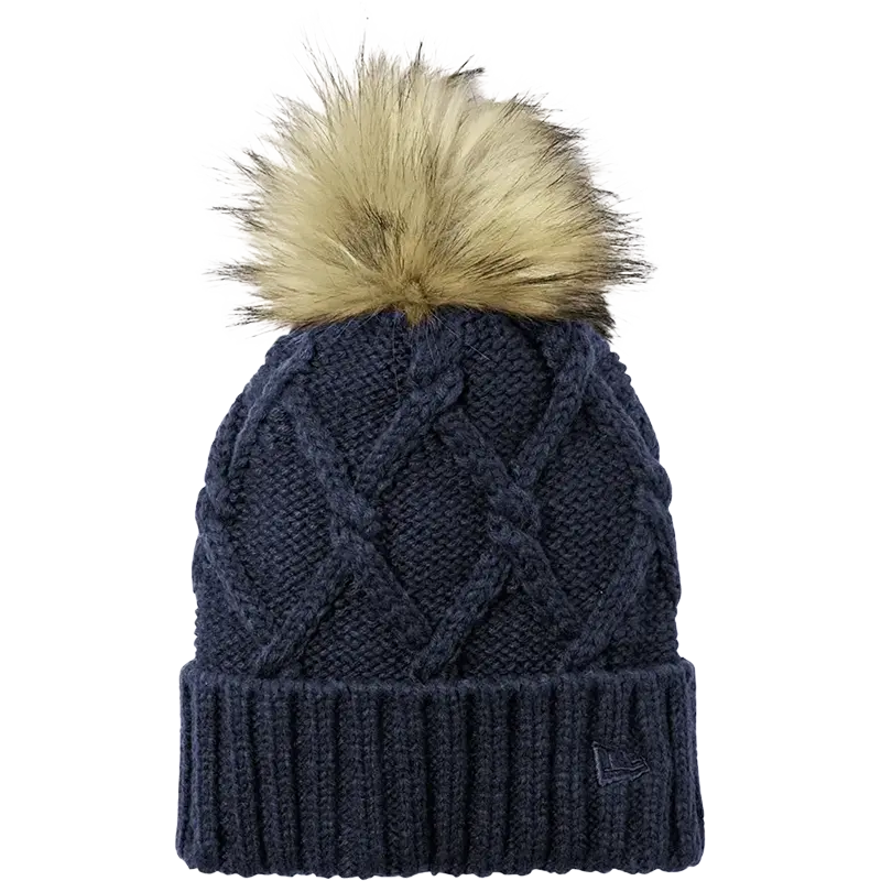 Navy New Era Faux Fur Pom Beanie featuring a cable-knit pattern, ribbed cuff, soft faux fur pom-pom, and embroidered New Era logo