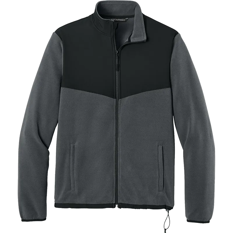 A colorblock fleece jacket with a black upper chest, shoulders, and collar, and a dark gray lower body and sleeves, shown on a plain white background.