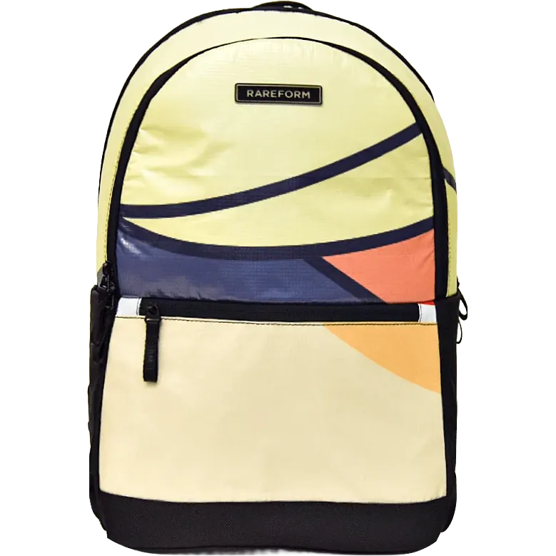 A Rareform backpack with a pale yellow and cream body, accented by navy blue curved stripes, a dark blue geometric panel, and orange accents on the front pocket.