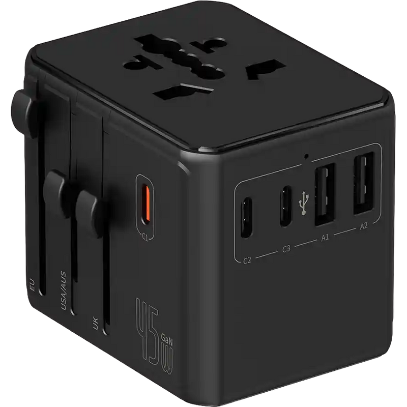 Black travel adapter with multiple ports on a white background