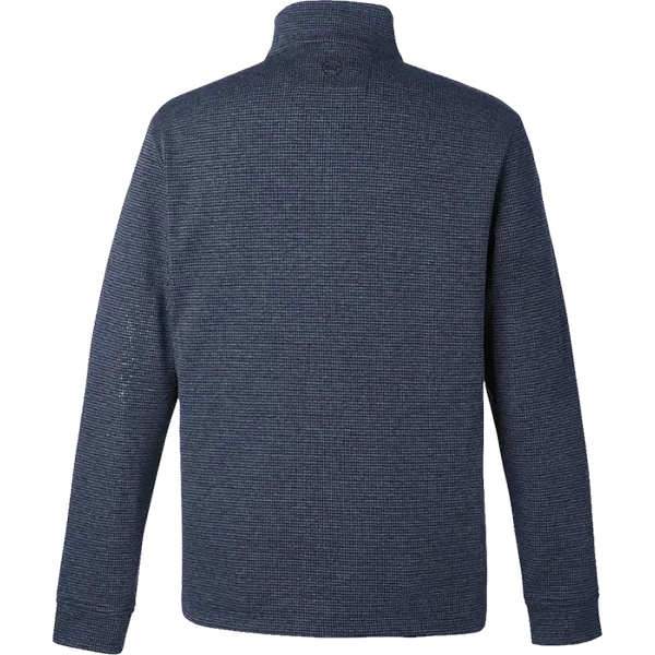 Back view of navy quarter-zip pullover sweater