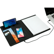 Multifunctional desk with phone, tablet, notebook, and laptop on a white background
