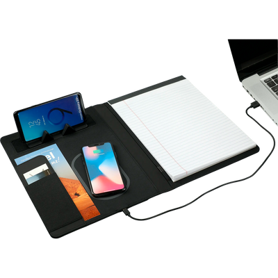 Multifunctional desk with phone, tablet, notebook, and laptop on a white background