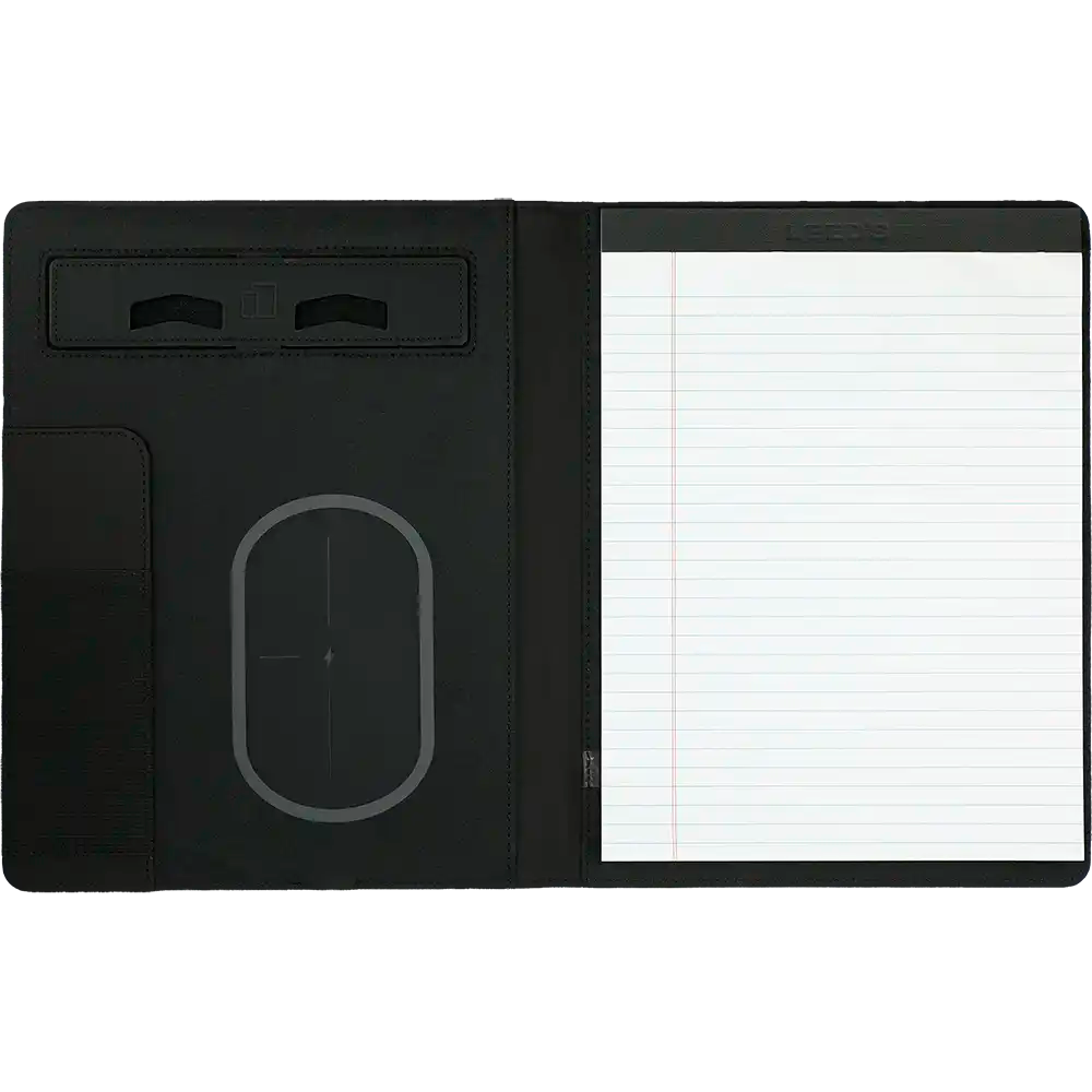 Black notebook with a blank page on a white background