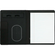 Black notebook with a blank page on a white background