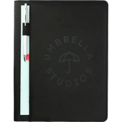 Black notebook with pen holder and 'Umbrella Studio' logo on a white background