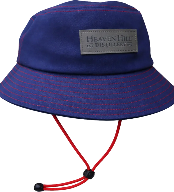 Blue bucket hat with red drawstring and 'Heaven Hill Distillery' label on a white background