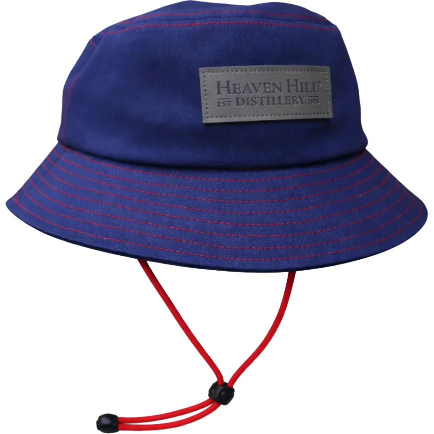 Blue bucket hat with red drawstring and 'Heaven Hill Distillery' label on a white background