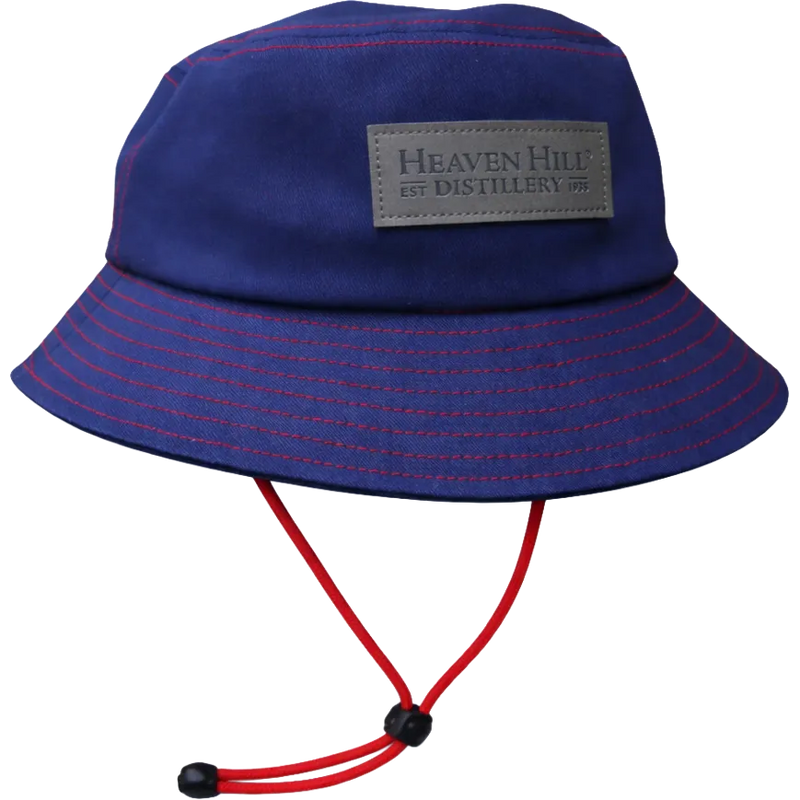 Blue bucket hat with red drawstring and 'Heaven Hill Distillery' label on a white background