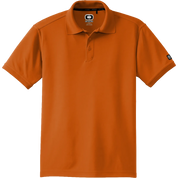 An orange short-sleeve polo shirt with a collar and two-button placket, shown on a plain white background. A logo patch is visible on the left chest, and a small logo tag is on the right sleeve.