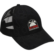 A black trucker-style cap with a subtle topographic contour line pattern, black mesh back panels, and a circular embroidered logo on the front that reads 'GET MOVING ADVENTURE AWAYS'.