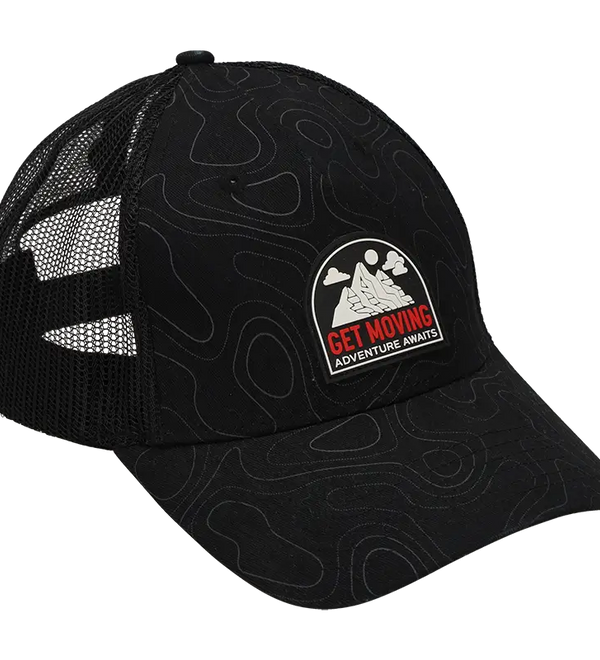 A black trucker-style cap with a subtle topographic contour line pattern, black mesh back panels, and a circular embroidered logo on the front that reads 'GET MOVING ADVENTURE AWAYS'.