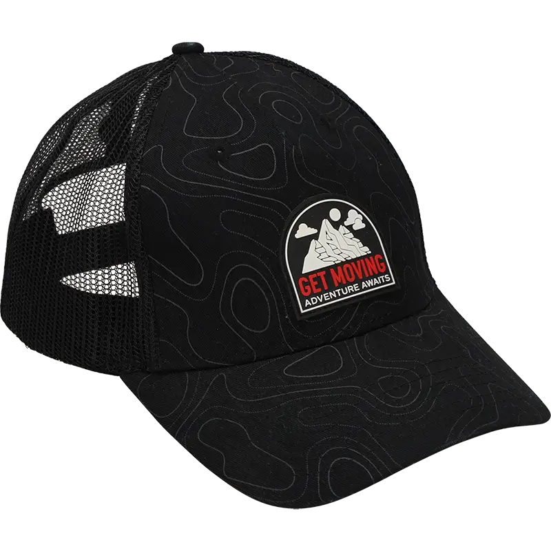 A black trucker-style cap with a subtle topographic contour line pattern, black mesh back panels, and a circular embroidered logo on the front that reads 'GET MOVING ADVENTURE AWAYS'.