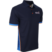Navy blue polo shirt with orange and blue accents on a white background