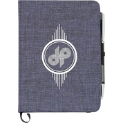 Notebook with a pen holder and a logo on a white background