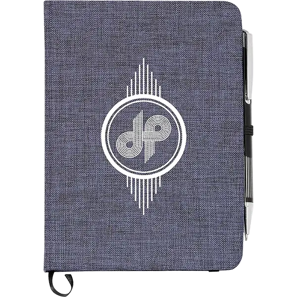 Notebook with a pen holder and a logo on a white background
