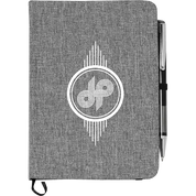 Gray textured notebook with a pen holder and white logo on a white background