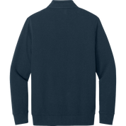 The back view of a dark navy blue waffle-knit quarter-zip sweatshirt, shown against a plain white background.