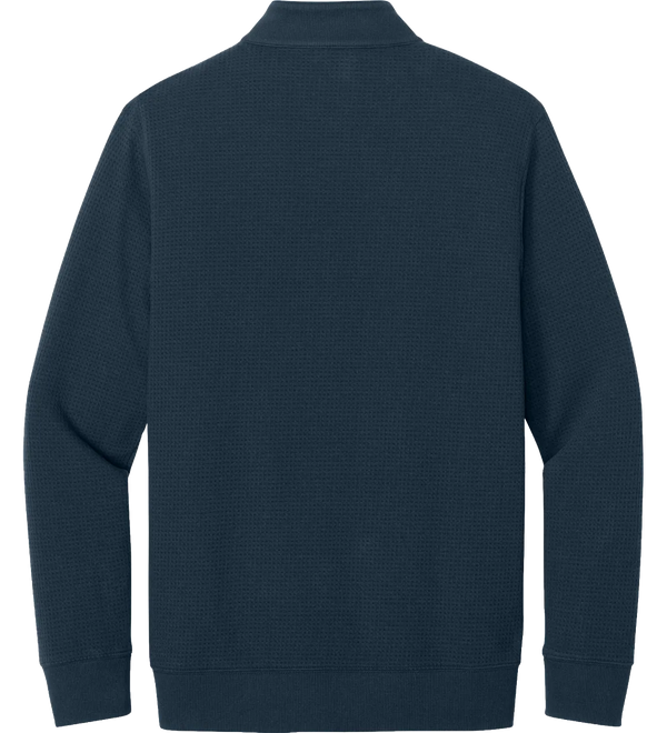 The back view of a dark navy blue waffle-knit quarter-zip sweatshirt, shown against a plain white background.