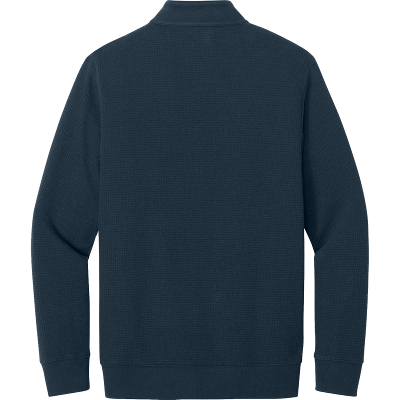 The back view of a dark navy blue waffle-knit quarter-zip sweatshirt, shown against a plain white background.