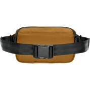 A tan canvas belt bag with a wide black adjustable strap and a black plastic quick-release buckle, shown against a plain white background.