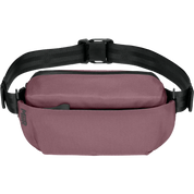 A dusty rose waterproof fanny pack with a black adjustable strap and buckle, shown against a plain white background.