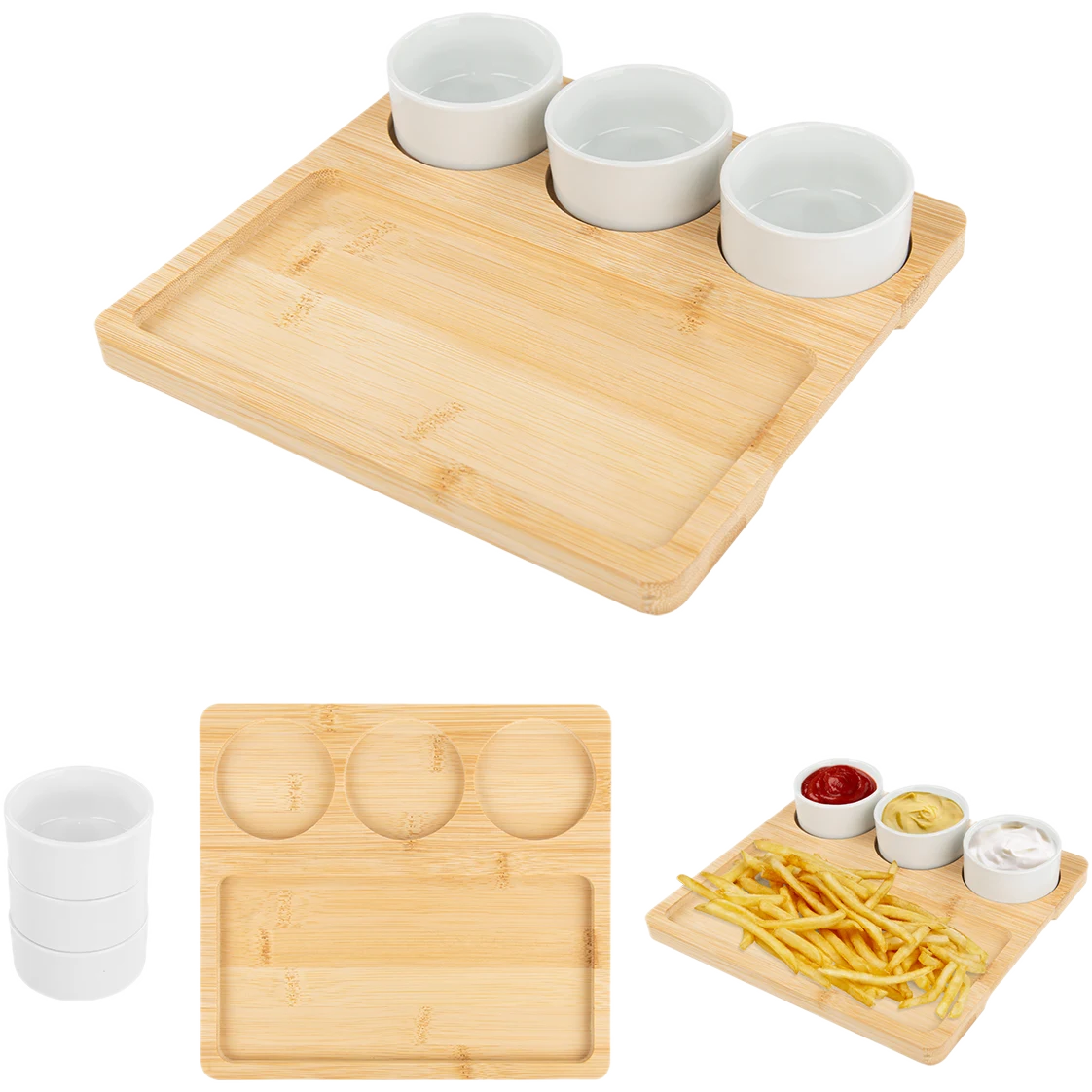 Bamboo Serving Tray with Ceramic Bowls