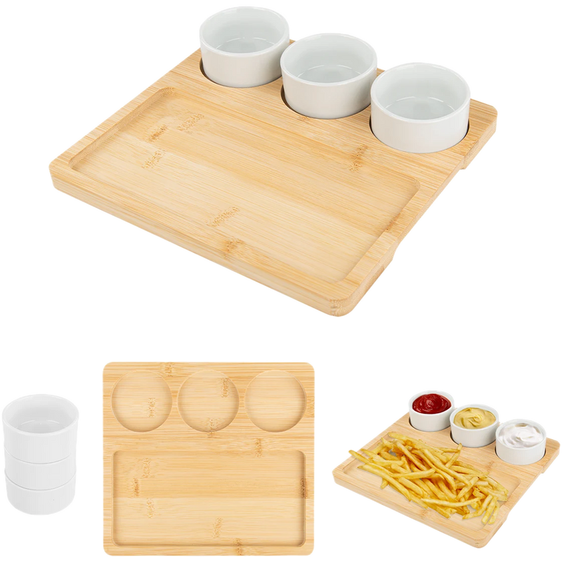 Bamboo Serving Tray with Ceramic Bowls