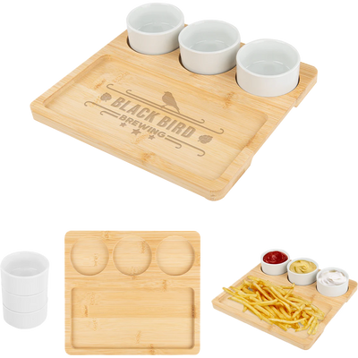 Bamboo Serving Tray with Ceramic Bowls