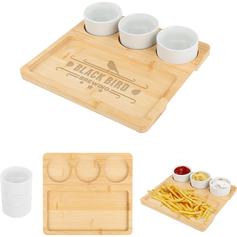 Bamboo Serving Tray with Ceramic Bowls