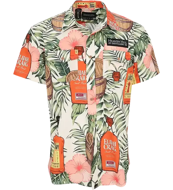 Custom Heaven Hill short sleeve button-up shirt with tropical floral and whiskey bottle print