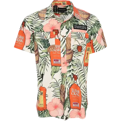 Custom Heaven Hill short sleeve button-up shirt with tropical floral and whiskey bottle print