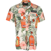Custom Heaven Hill short sleeve button-up shirt with tropical floral and whiskey bottle print
