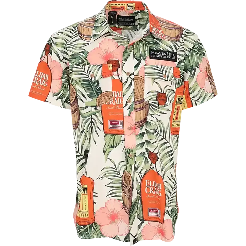 Custom Heaven Hill short sleeve button-up shirt with tropical floral and whiskey bottle print