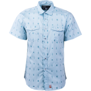 Light blue patterned short-sleeve shirt on a white background