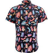 Colorful patterned shirt with various designs on a white background
